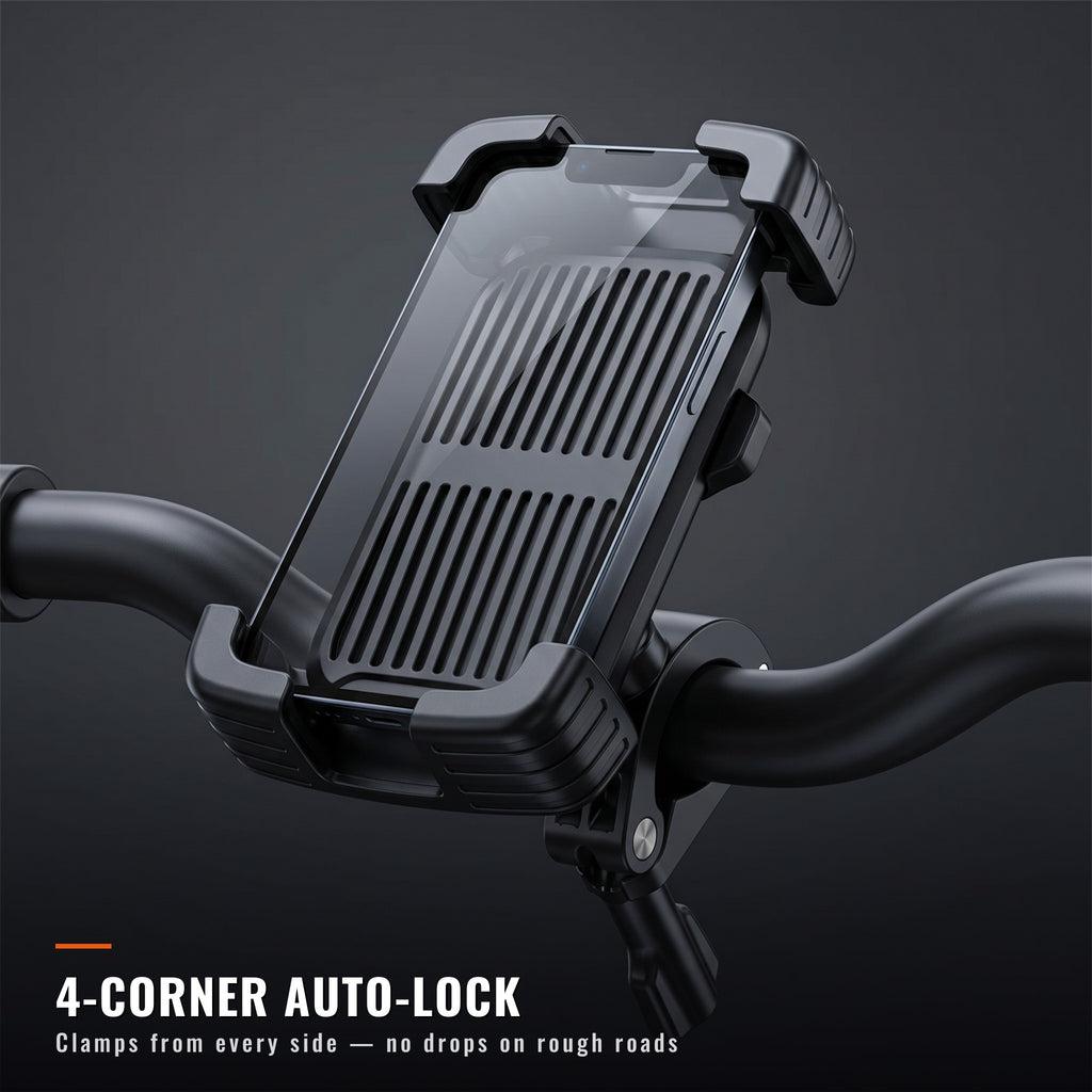 Four-corner auto-lock clamp grips the phone from every side