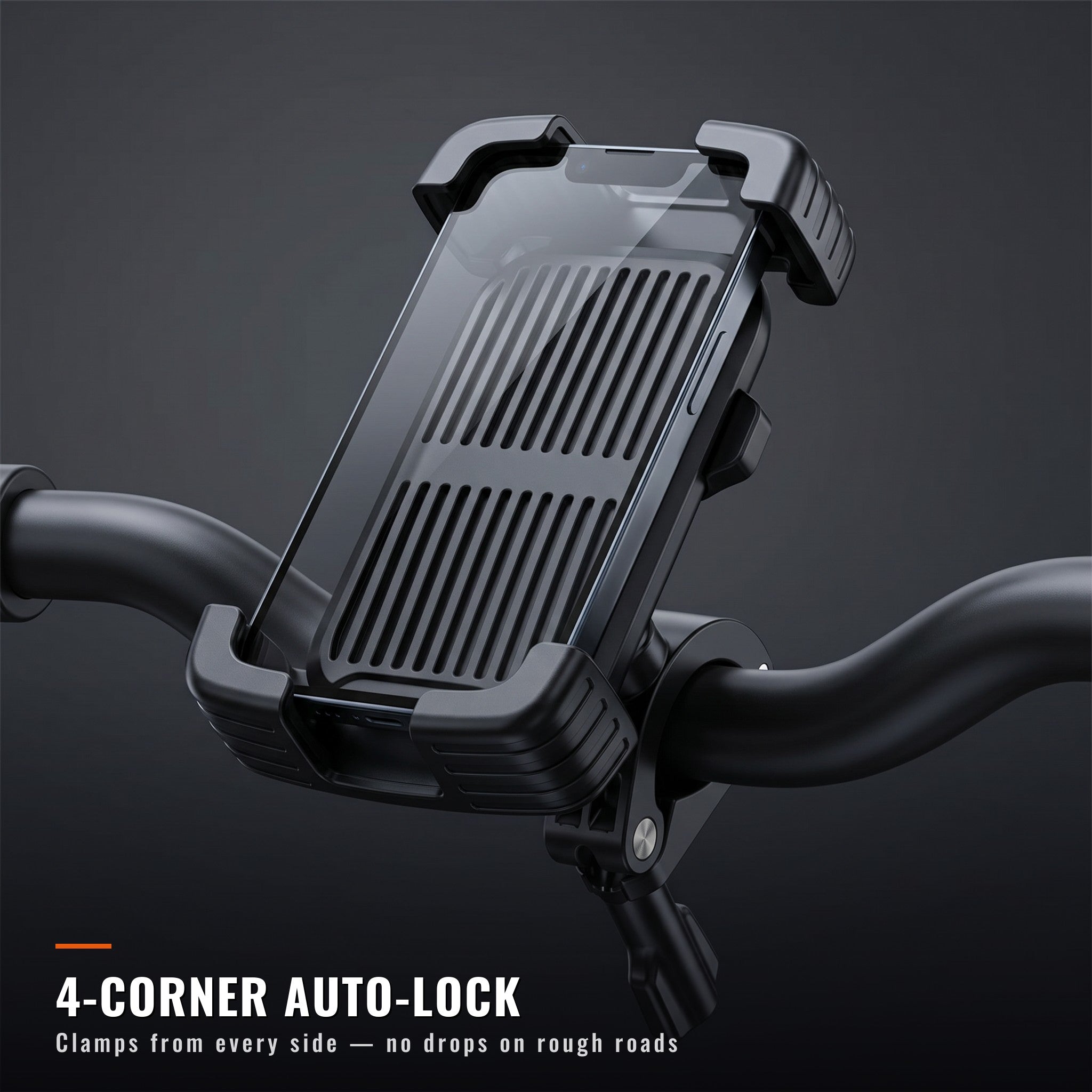 Four-corner auto-lock clamp grips the phone from every side