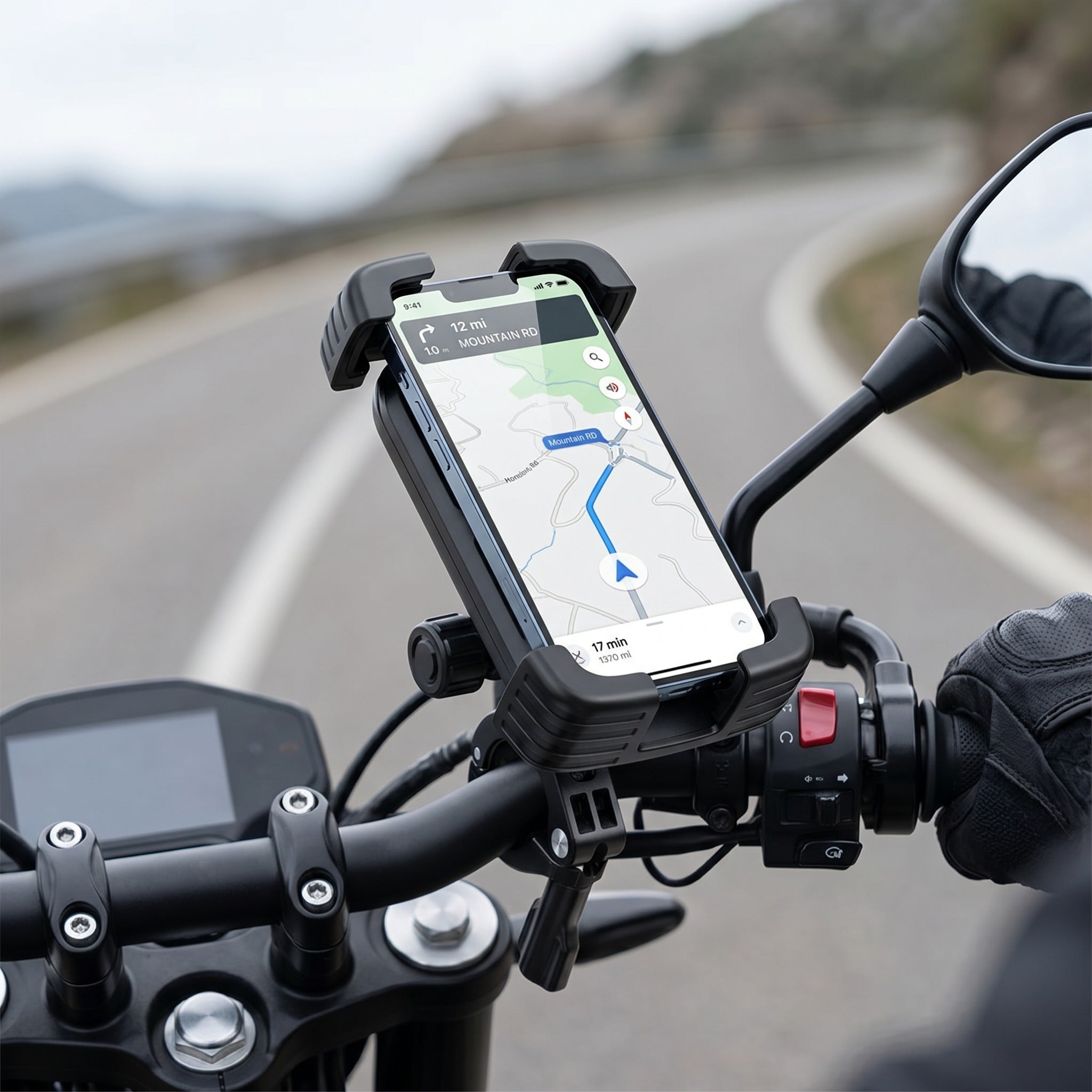 Phone mount holding a phone with navigation on a motorcycle