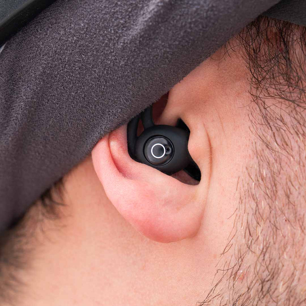 Bastion Bluetooth Moto Earbuds worn under a helmet