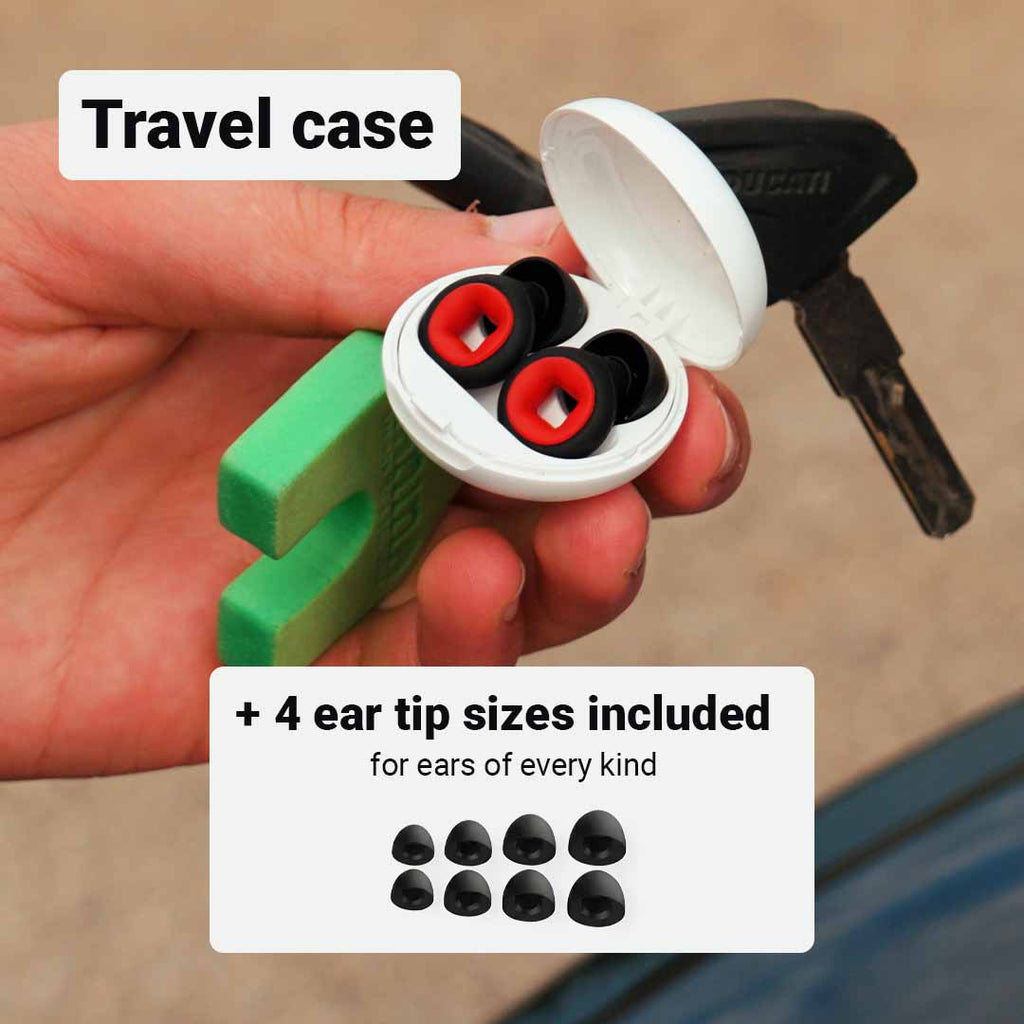 Bastion moto earplugs in the travel case with 4 ear-tip sizes