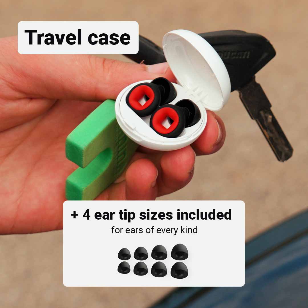 Bastion moto earplugs in the travel case with 4 ear-tip sizes