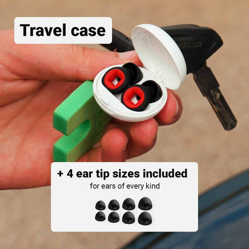 Bastion moto earplugs in the travel case with 4 ear-tip sizes