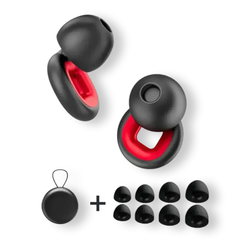 Bastion moto earplugs in black and red with ear tips and carry case