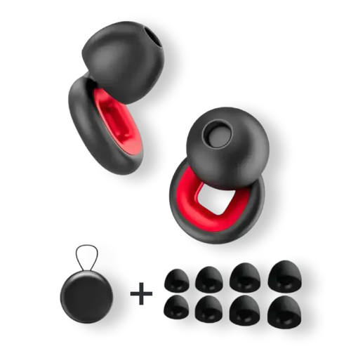 Bastion moto earplugs in black and red with ear tips and carry case