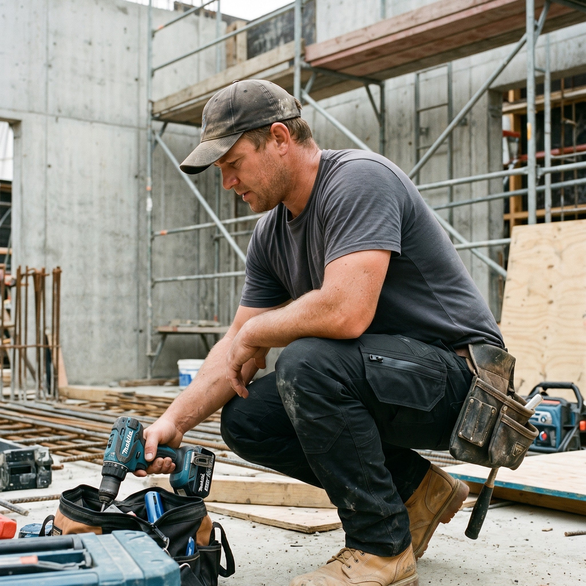 Tradesperson on site wearing the Bastion work trousers