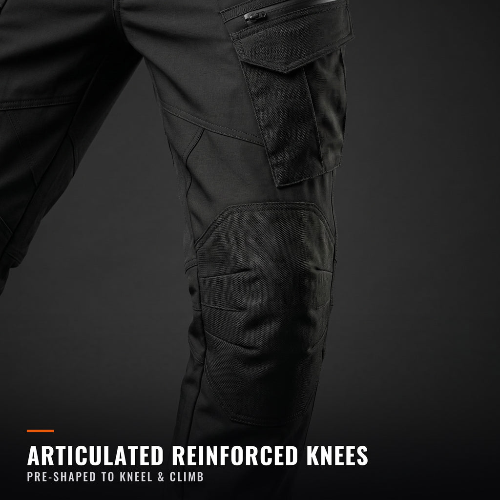 Articulated reinforced knee panel, pre-shaped to kneel