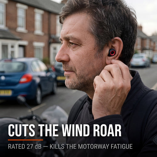 Cuts the wind roar — rated 27 dB. Motorcyclist fitting a Bastion earplug