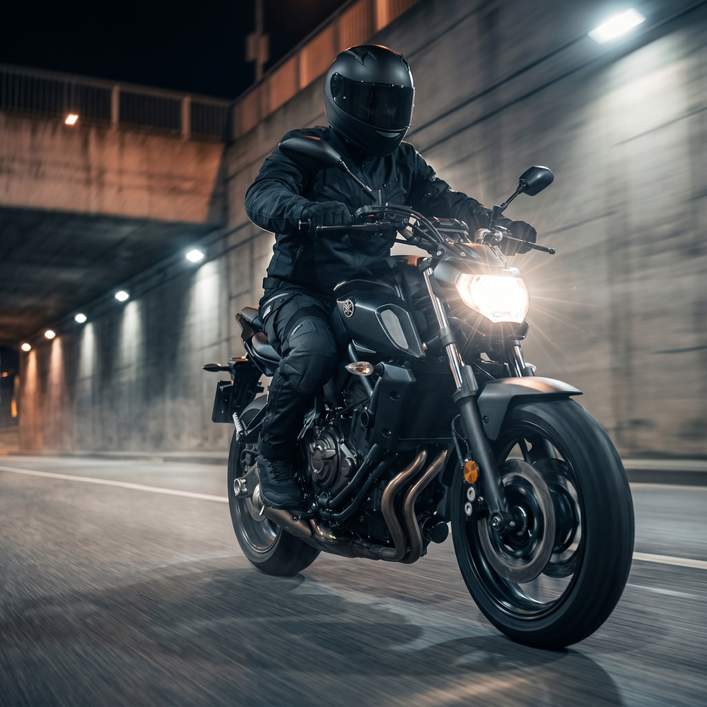 Rider wearing TactiV pants on a motorcycle through a tunnel