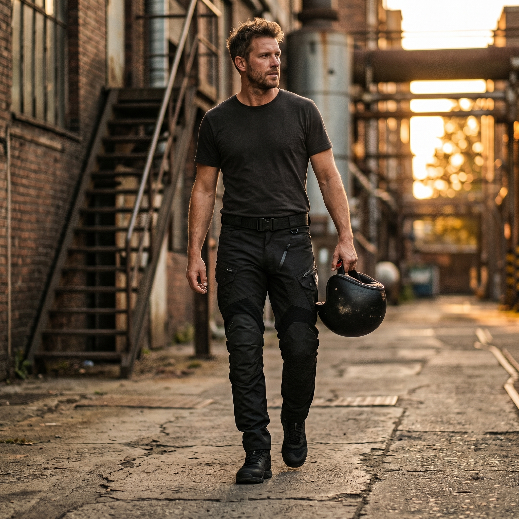 Grey-man look - TactiV tactical pants worn off the bike at golden hour