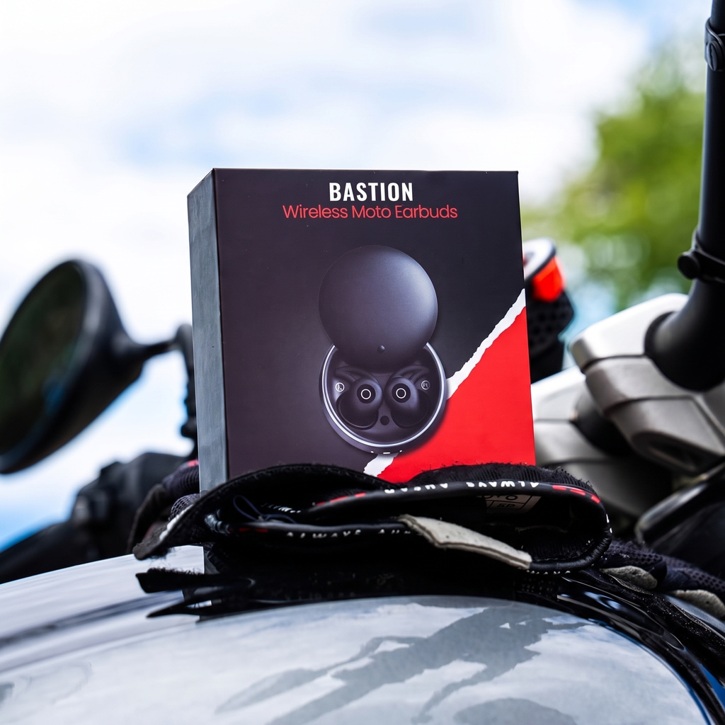 Bastion Bluetooth Moto Earbuds packaging on a motorcycle tank