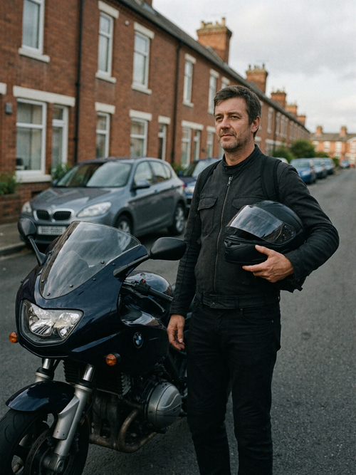 Motorcyclist beside his BMW holding a full-face helmet, wearing Bastion moto earplugs